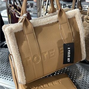 Tote Bag with Shearling Trim - Tan